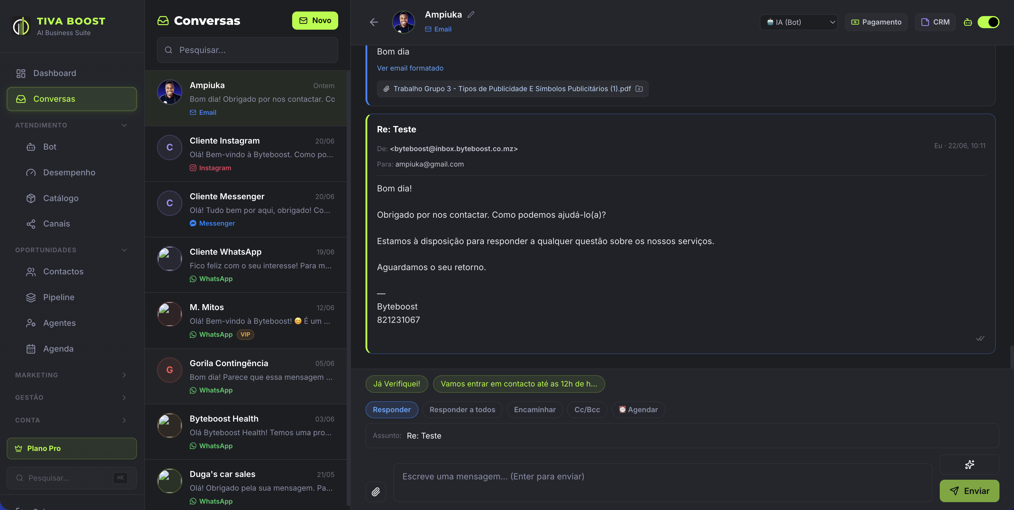 Inbox de conversas omnichannel do Tiva Boost (WhatsApp, Instagram, Messenger e Email)
